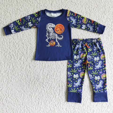 Halloween Boy Clothing Blue Dinosaur Pumpkin Moon Print Long Sleeve Long Pants Pajamas Outfit
