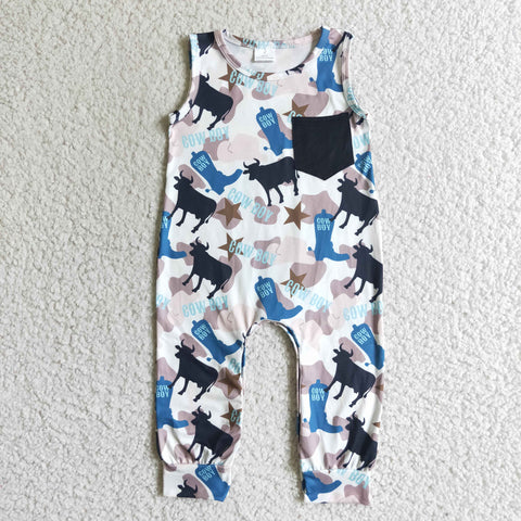Infant Baby Cowboy Sleeveless Cow Print Baby Romper
