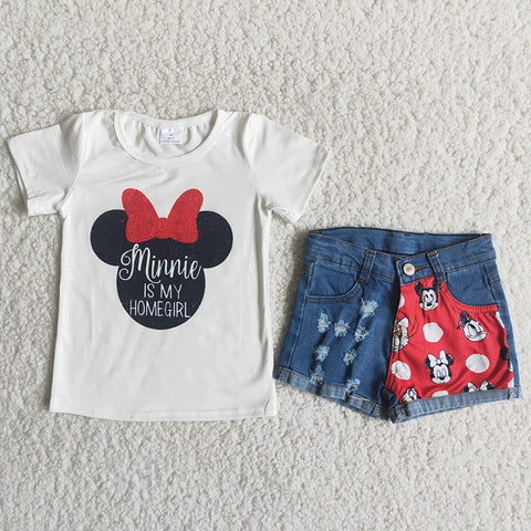 Girl Cartoon Patchwork Denim Outfit