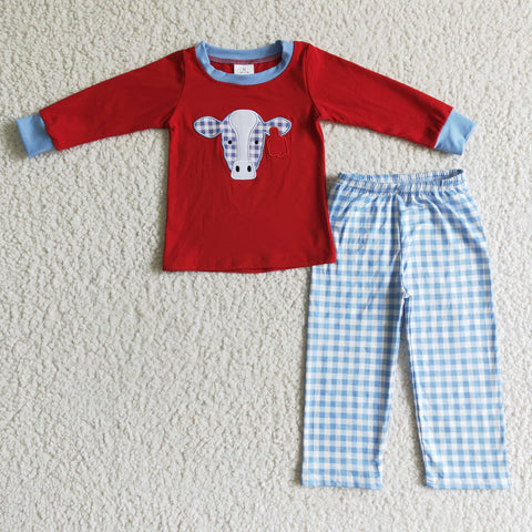 Boy Clothes Cow Head Embroidery Blue Plaid Long Sleeve Long Pants Outfit