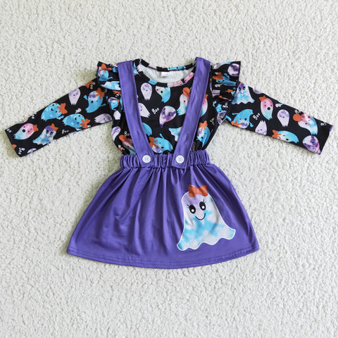 Halloween Purple Ghost Long Sleeve Suspender Overall Skirt Outfit