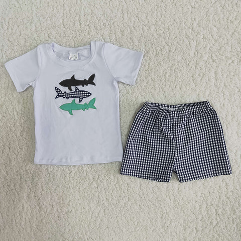 Boy Embroidery Shark Plaid Short Outfit