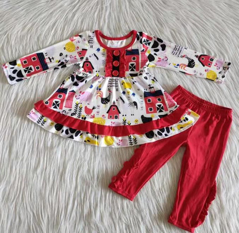 6 A8-17 Girl Farm Long Sleeve Tunic Red Pant Outfit