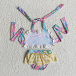 Girl Colorful Print Yellow Plaid 2 Pieces Swimsuits