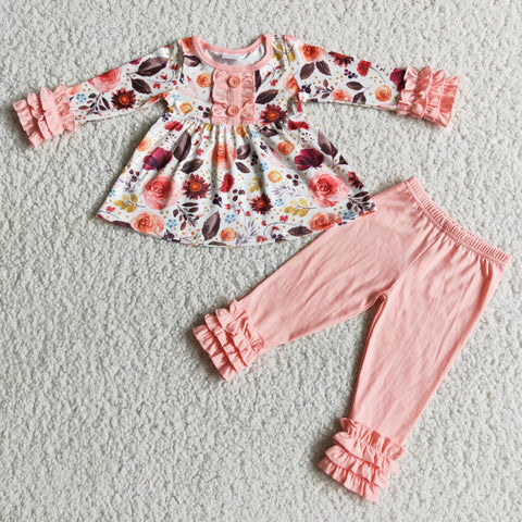 Girl Floral Ruffle Tunic Pink Pant Outfit