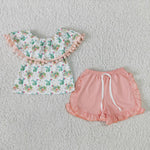 Cactus Pom Pom Shirt Ruffle Shorts Girls Summer Clothes