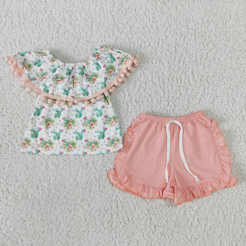 Cactus Pom Pom Shirt Ruffle Shorts Girls Summer Clothes