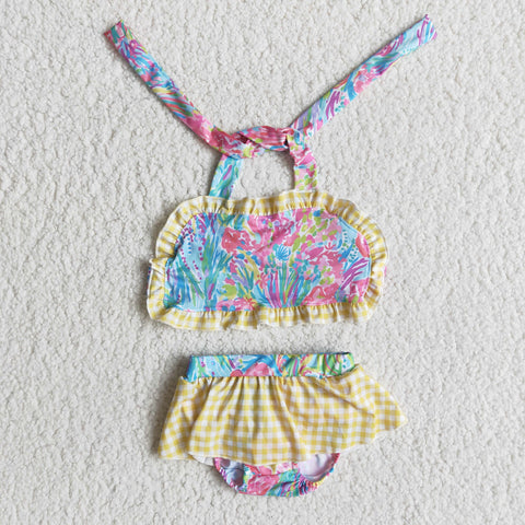 Girl Colorful Print Yellow Plaid 2 Pieces Swimsuits