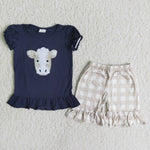 Girl Cow Head Plaid Shorts Outfit