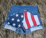 Girl Denim Striped & Stars Shorts Jeans