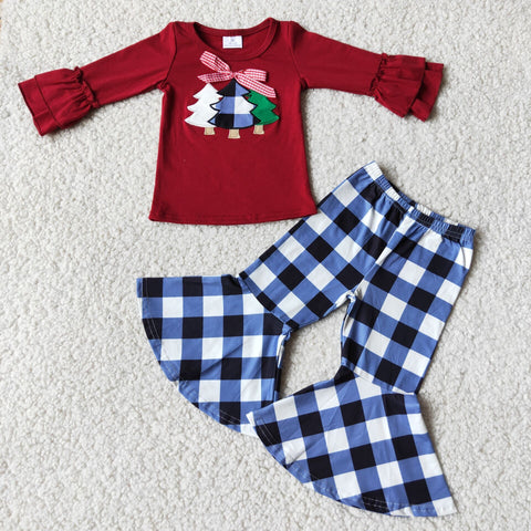 Girl Embroidery Tree Plaid Pant Outfit