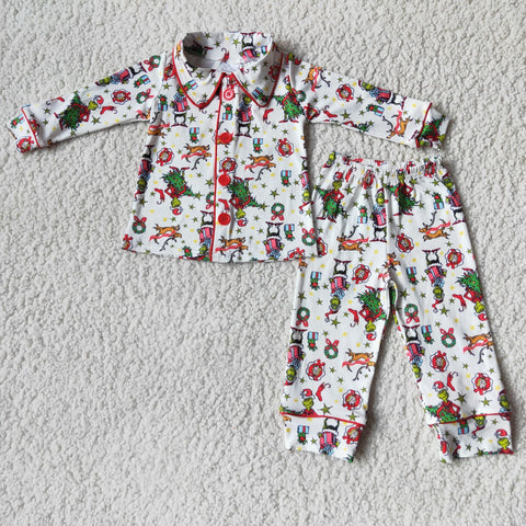 Boy Christmas Green Monster Print Cardigan Pajamas Outfit