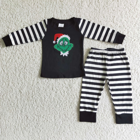 Boy Embroidery Green Monster Black Striped Pant Outfit