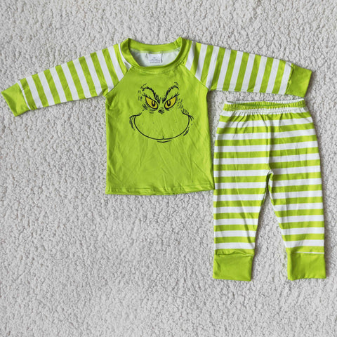 Boy Green Monster Striped Long Sleeve Pajamas Outfit