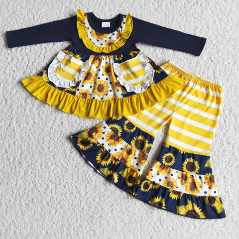 Girl Sunflowers Pocket Yellow Striped Outfit