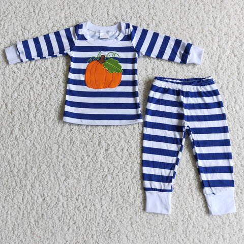 Boy Embroidery Pumpkin Striped Pajamas Outfit