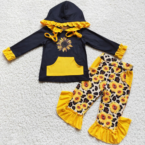 Girl Black Hoodie Sunflower Pant Outfit