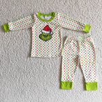 Boy Screen Green Monster Print Polka Dot Pajamas Outfit