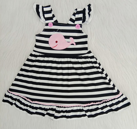 Girl Embroidery Whale Striped Short Sleeve Twirl Dress