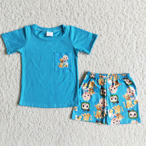 Boys Blue Cartoon Pocket Shorts Outfit