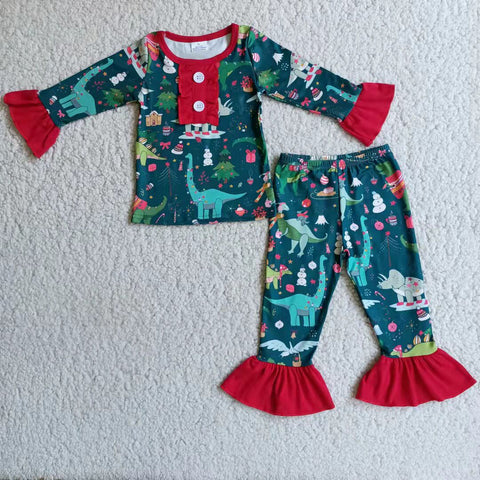 Girl Christmas Green Dinosaur Pajamas Outfit