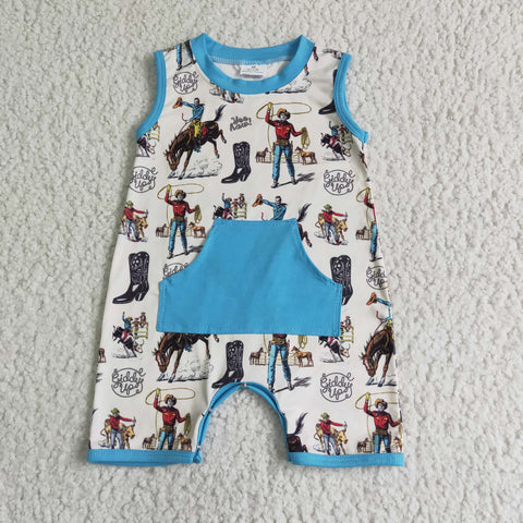 Blue Sleeveless Horseback Riding Print Baby Boy Summer Romper