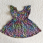 Girl Colorful Leopard Short Sleeve Twirl Dress