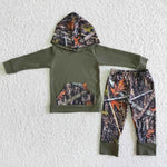 Boy Army Green Camouflage Hoodie Print Pant Outfit