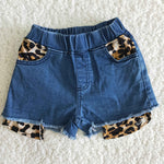 Girl Leopard Pocket Elastic Shorts Jeans