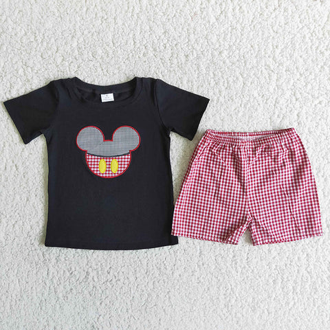 Boy Embroidery Cartoon Red Plaid Shorts Outfit