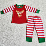 Boy Christmas Embroidery Deer Striped Pajamas Outfit