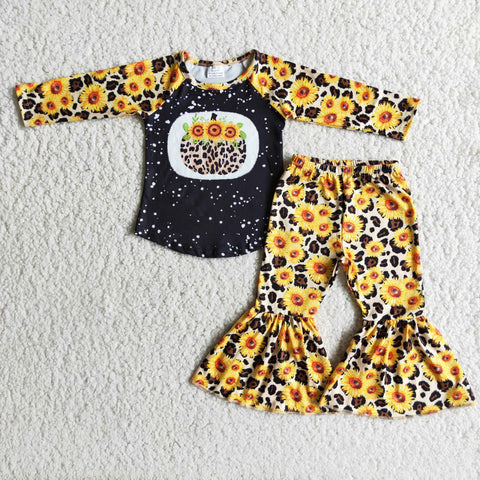 Clearance Girl Pumpkin Sunflowers Leopard Bell Bottom Outfit