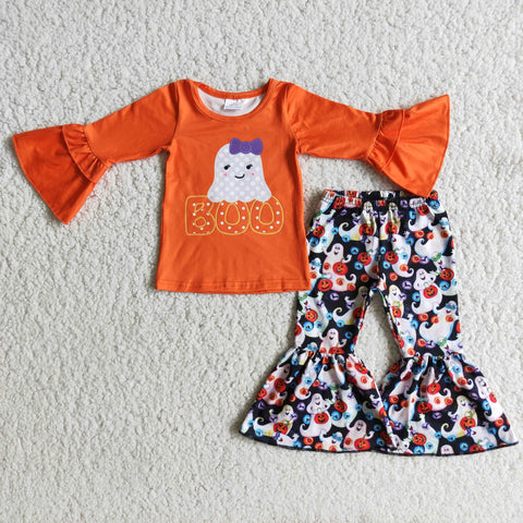 Clearance Girl Orange Boo Print Bell Bottom Outfit