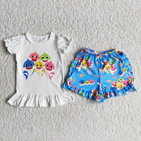 A13-11 Girl White Shirt Blue Cartoon Shorts Outfit-promotion 2024.4.20