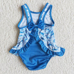 Girl Blue Dolphins Bow One Piece Swimsuits