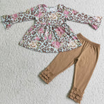 Clearance Girl Floral Leopard Tunic Khaki Pant Outfit