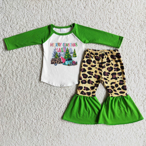 Girl Christmas Tree Leopard Bell Bottom Outfit