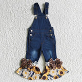 Dark Blue Sunflower Leopard Denim Pants Girls Ruffle Overall Jeans
