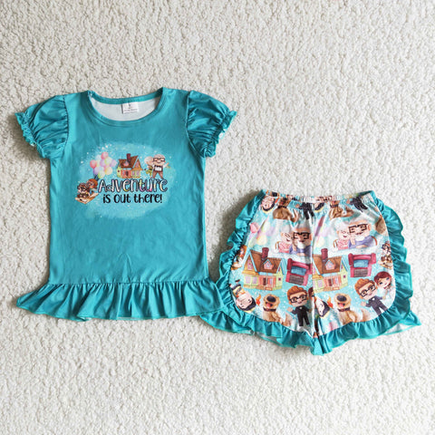 Blue Cartoon Baby Girl Summer Outfits With Letters Lace