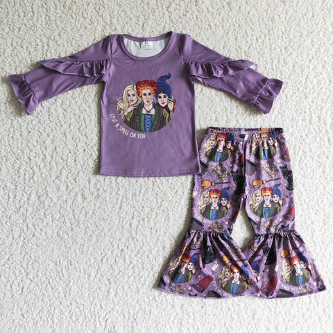 Fall Winter Clothes Outfit Purple Screen Three women Print Shirt Bell BottomPants Sets