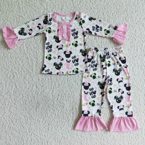 Girl Pink Mouse Print Long Sleeve Shirt Ruffle Long Pants Girls Pajamas Outfit