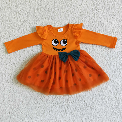 Halloween Cute Smile Bow Print Baby Girls Long Sleeve Orange Twirl Tulle Skirt
