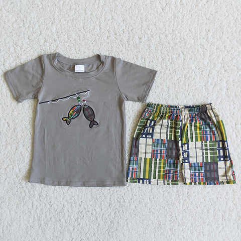 Boy Embroidery Fishing Plaid Short Outfit