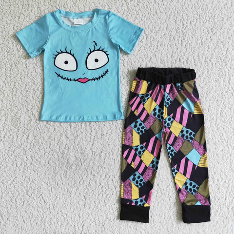 Boys Clothing Blue Smile Print Short Sleeve Patchwork Pants Outfit