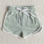 Clearance Girl Green Striped Adjustable Drawstring Pockets Shorts