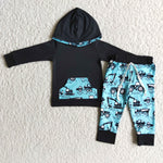 Boy Black Hoodies Truck Long Pant Outfit