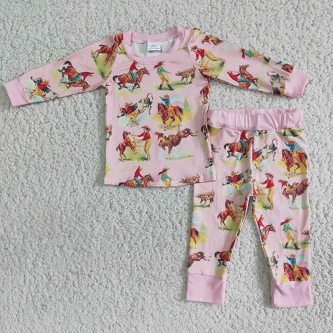 Girl Pink Cowboy Print Pajamas Outfit