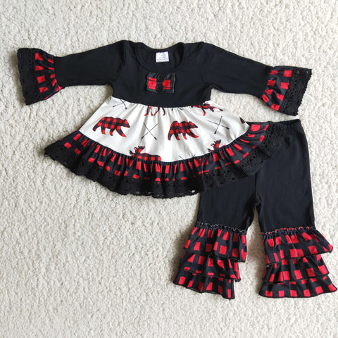 Girl Christmas Bear Lace Black Plaid Outfit