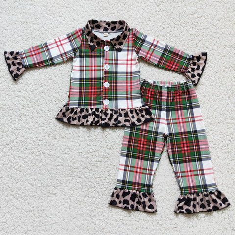 Girl Plaid Leopard Cardigan Pajamas Outfit