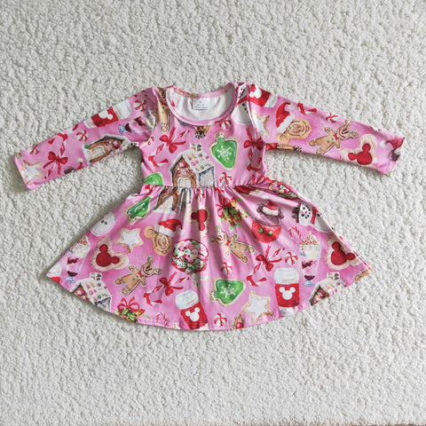 6 B1-3 Girl Pink Cookie Long Sleeve Twirl Dress-promotion 2024.11.30